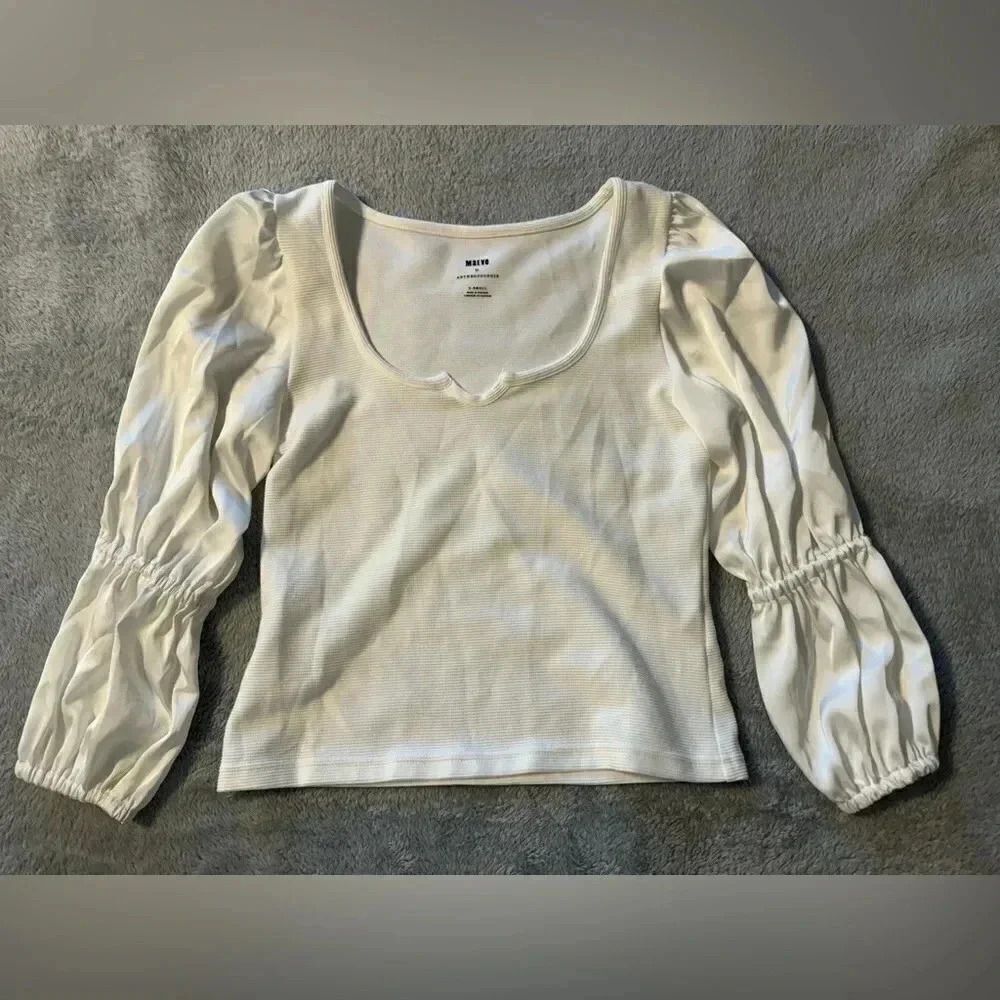 Anthropologie Maeve Ribbed Top | Tiered Satin Sleeves | XS | White